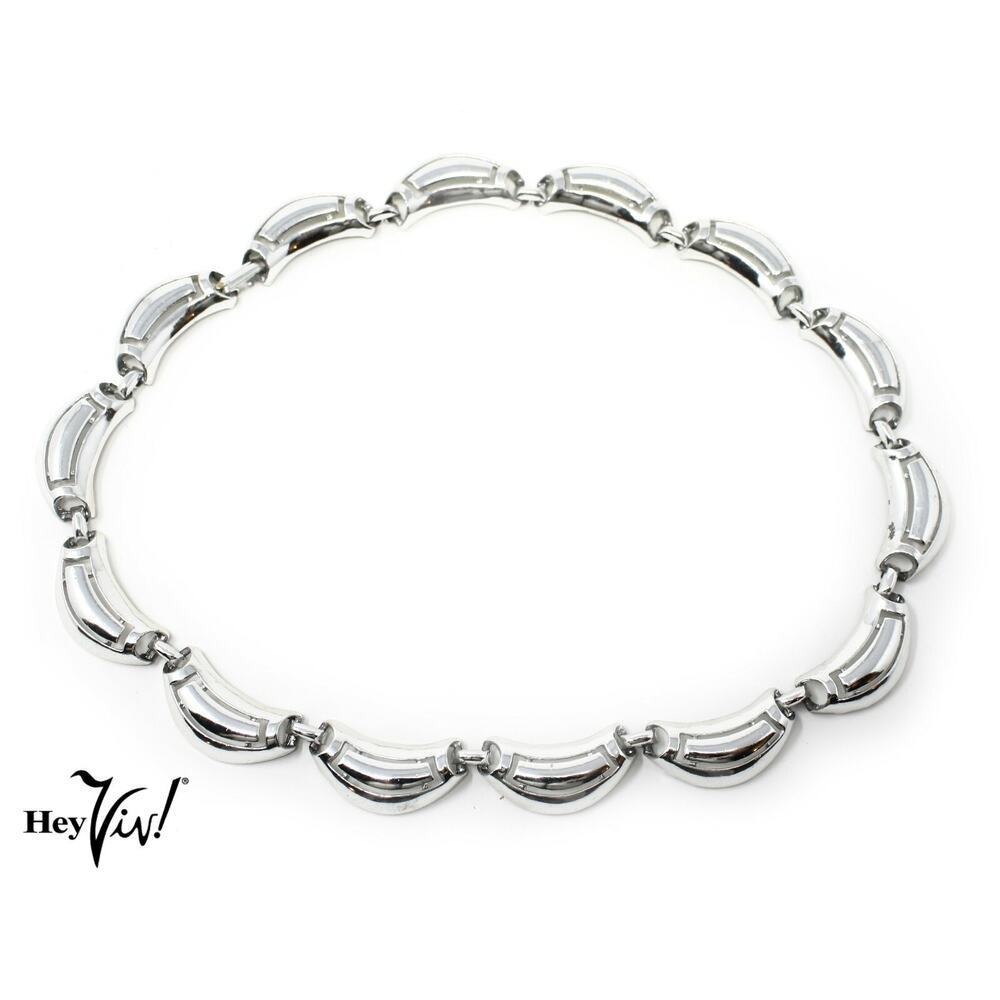 Vintage Silver Tone Choker Necklace Half Moon Curved Links 17" Collar - Hey Viv